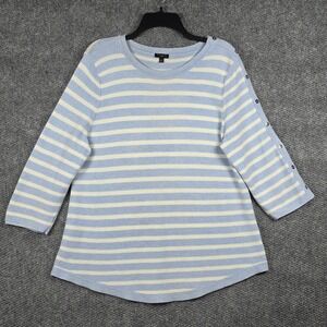Talbots Women XLP Sweater Blue White Striped 3/4 Sleeve Button Shoulder
